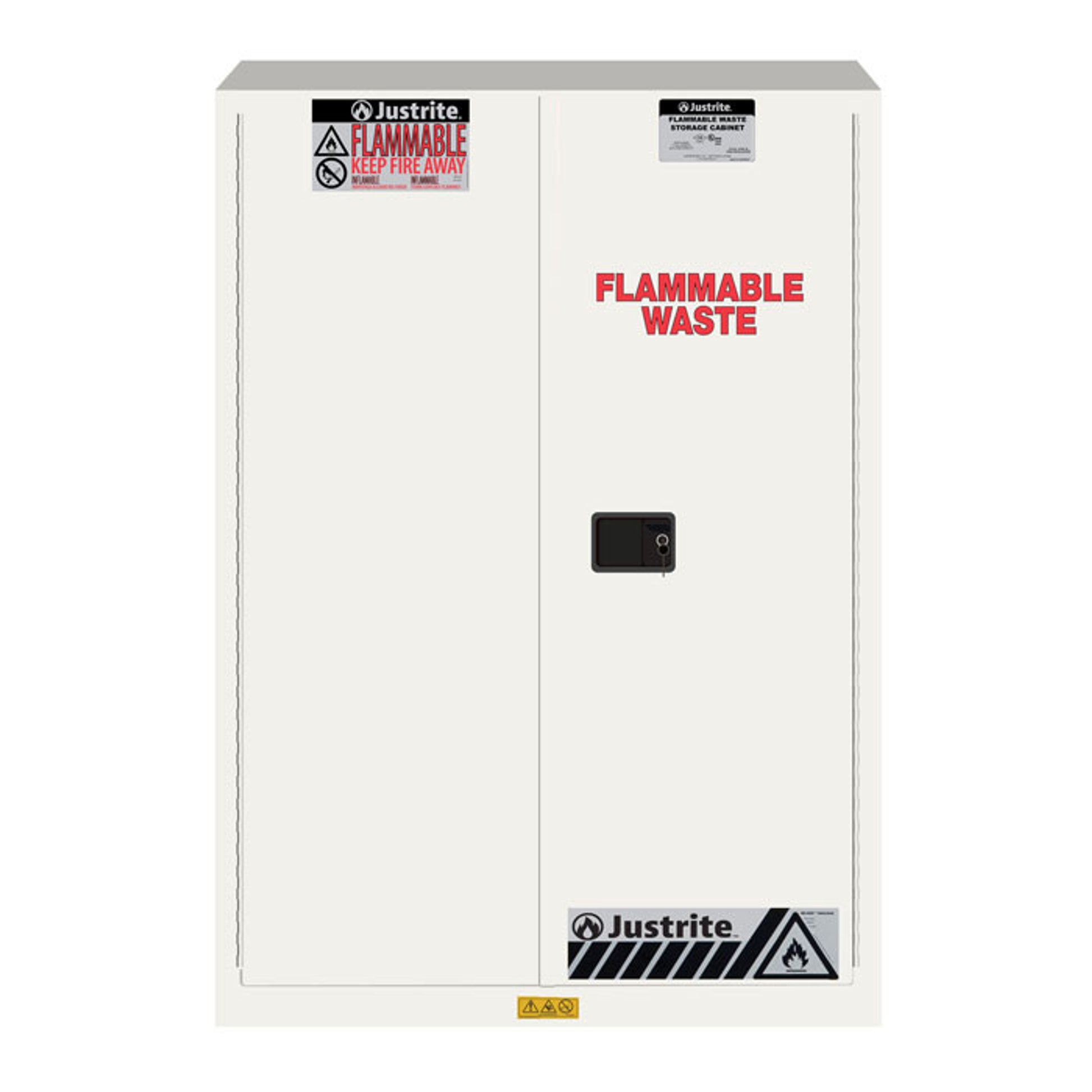 Justrite Flammable Waste Safety Cabinet - Steel - Cap 45 Gallons - 2 Shelves - 2 Self-Close Doors - White - 8945253