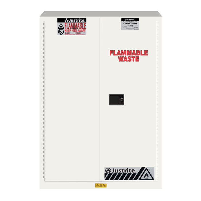 Justrite Flammable Waste Safety Cabinet - Steel - Cap 45 Gallons - 2 Shelves - 2 Self-Close Doors - White - 8945253