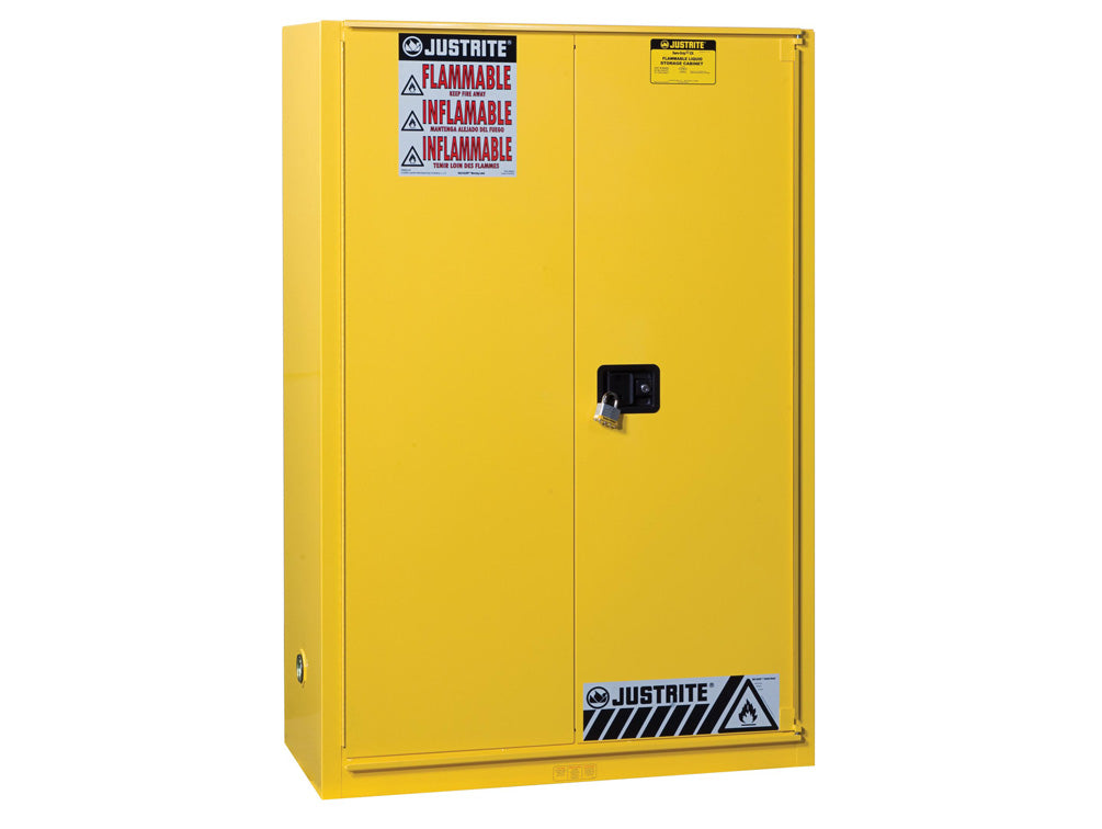 Justrite Sure-Grip Ex Flammable Safety Cabinet - Cap. 45 Gallons - 2 Shelves - 1 Bi-Fold S/C Door - Yellow - 894580