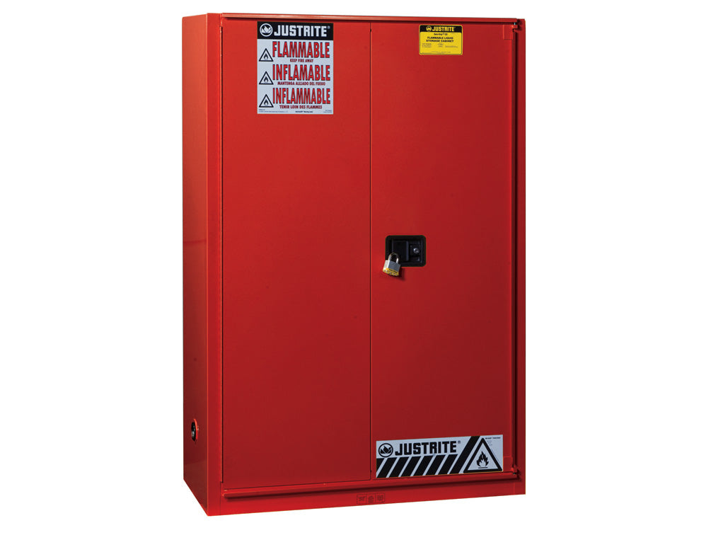 Justrite Sure-Grip Ex Combustibles Safety Cabinet For Paint And Ink - Cap. 60 Gal. - 5 Shlvs - 1 Bifld Dr - Red - 894591