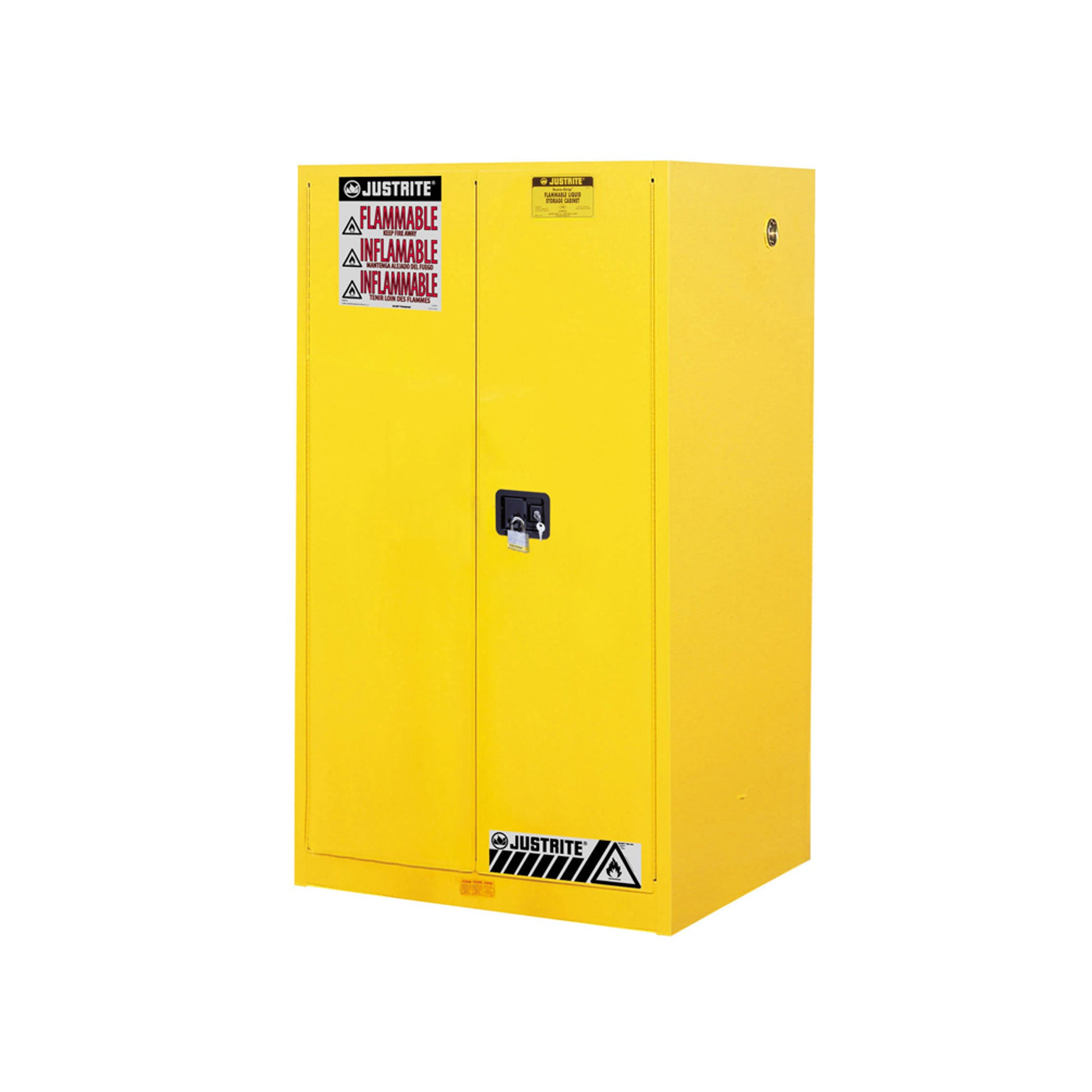 Justrite Sure-Grip Ex Flammable Safety Cabinet - Cap. 60 Gallons - 2 Shelves - 2 Manual-Close Doors - Yellow - 896000