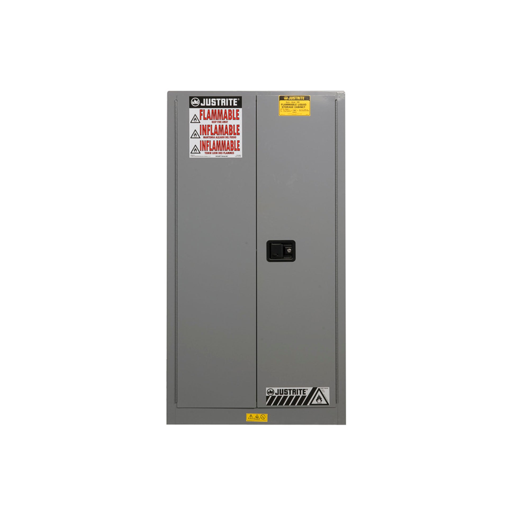 Justrite Sure-Grip Ex Flammable Safety Cabinet - Cap. 60 Gallons - 2 Shelves - 2 Self-Close Doors - Gray - 896023
