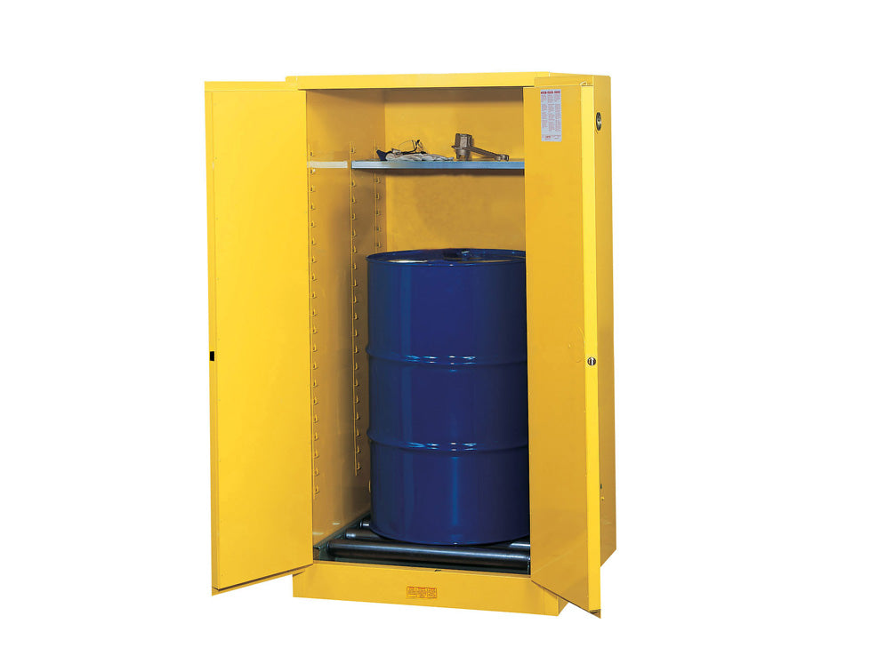Justrite Sure-Grip Ex Vertical Drum Safety Cabinet And Drum Rollers - Cap. 55 Gal. - 1 Shlf - 2 M/C Doors - Yellow - 896260