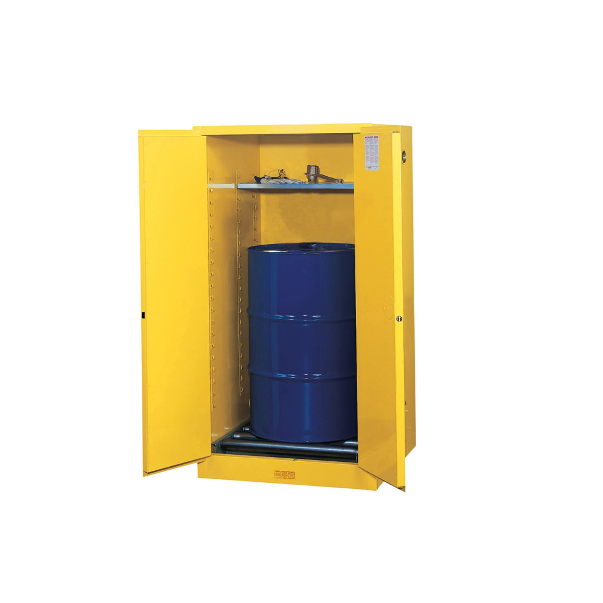 Justrite Sure-Grip Ex Vertical Drum Safety Cabinet And Drum Rollers - Cap. 55 Gal. - 1 Shlf - 2 S/C Doors - Yellow - 896270
