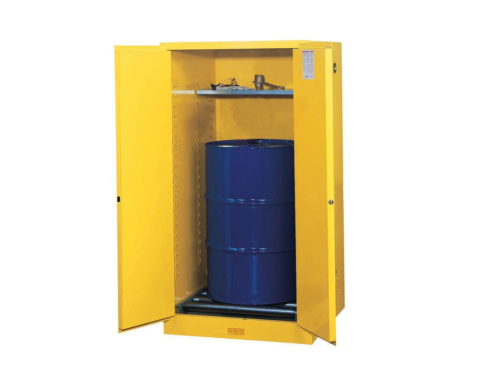 Justrite Sure-Grip Ex Vertical Drum Safety Cabinet And Drum Rollers - Cap. 55 Gal. - 1 Shlf - 2 S/C Doors - Yellow - 896270