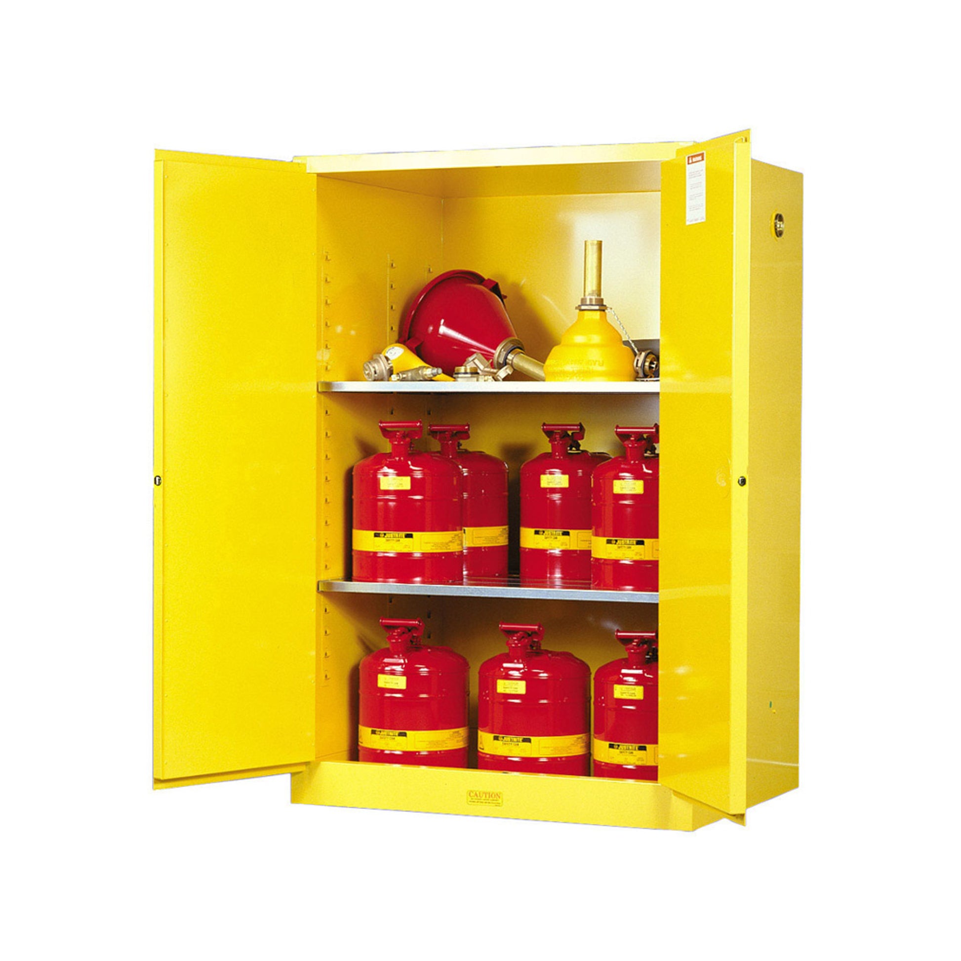Justrite Sure-Grip Ex Flammable Safety Cabinet - Cap. 90 Gallons - 2 Shelves - 2 Manual-Close Doors - Yellow - 899000