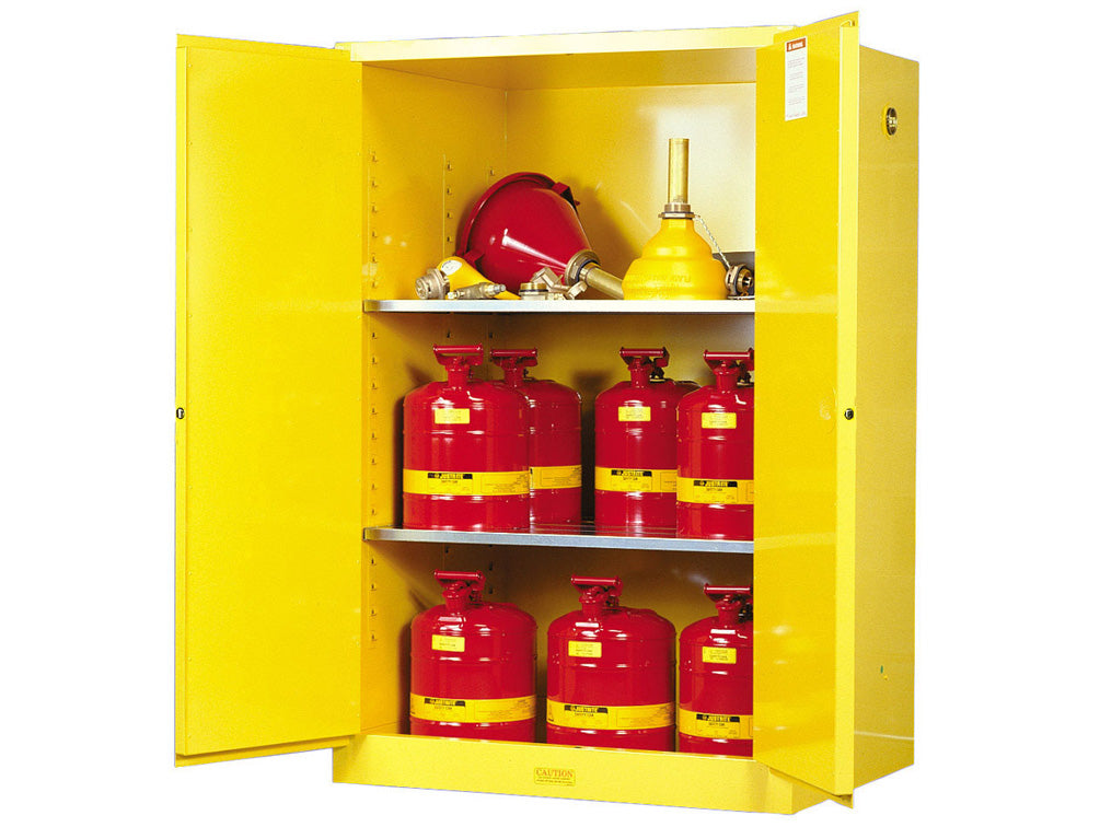 Justrite Sure-Grip Ex Flammable Safety Cabinet - Cap. 90 Gallons - 2 Shelves - 2 Manual-Close Doors - Yellow - 899000
