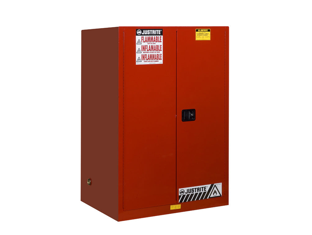 Justrite Sure-Grip Ex Flammable Safety Cabinet - Cap. 90 Gallons - 2 Shelves - 2 Manual-Close Doors - Red - 899001