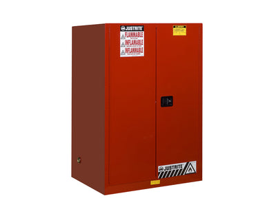 Justrite Sure-Grip Ex Flammable Safety Cabinet - Cap. 90 Gallons - 2 Shelves - 2 Manual-Close Doors - Red - 899001