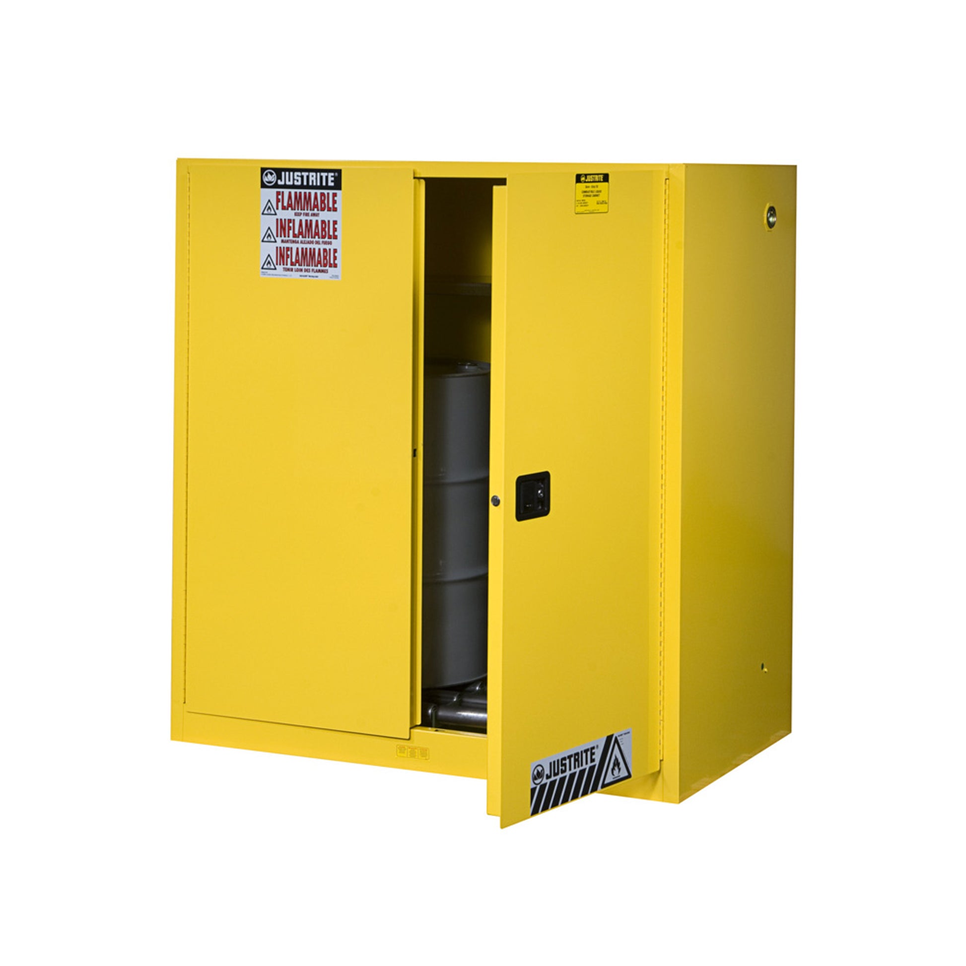 Justrite Sure-Grip Ex Vertical Drum Safety Cabinet And Drum Rollers - Cap. 60 Gal. - 1 Shlf - 2 S/C Doors - Yellow - 899070