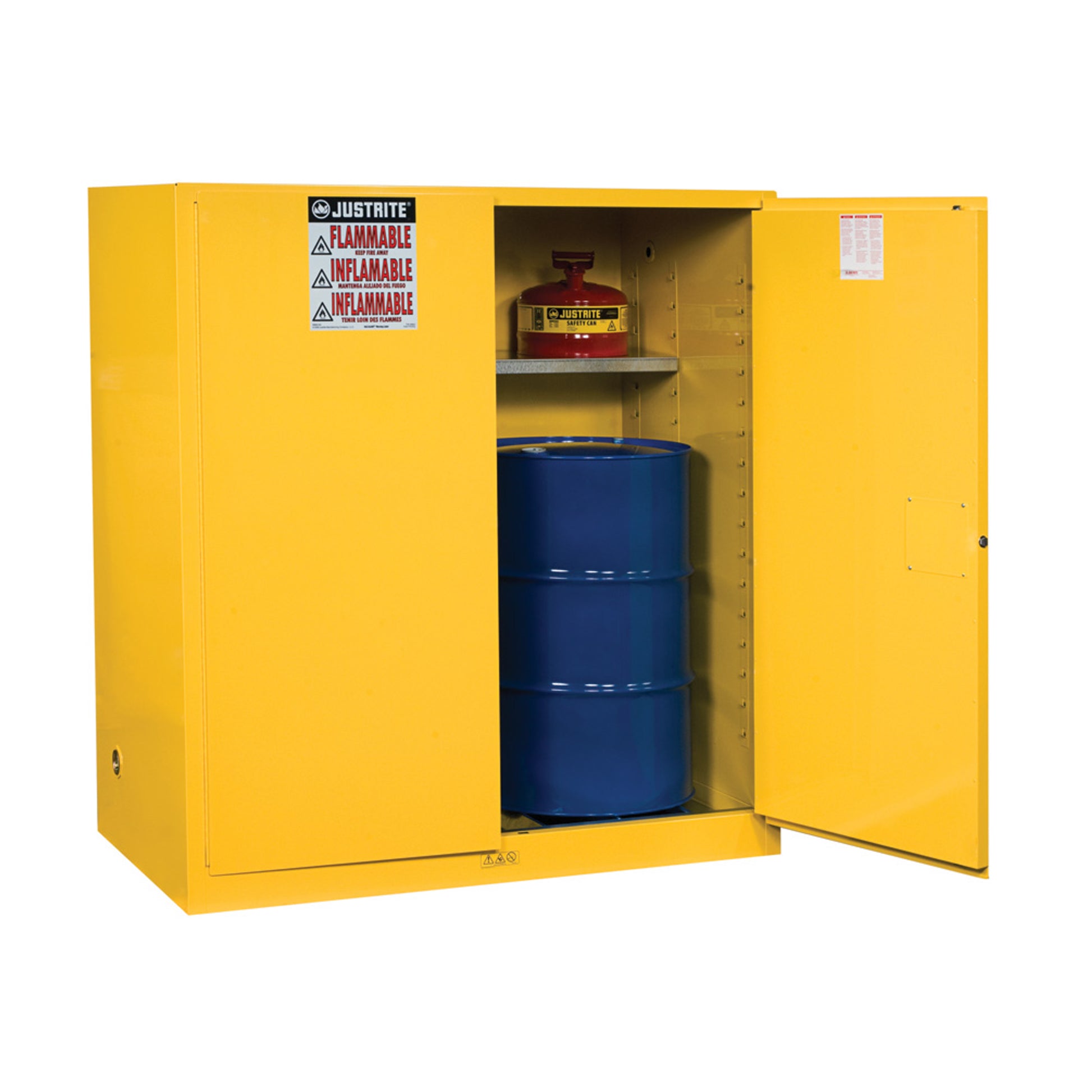 Justrite Sure-Grip Ex Vertical Drum Safety Cabinet And Drum Support - Cap. 110 Gal. - 1 Shlf - 2 M/C Drs - Yel. Yellow - 899100