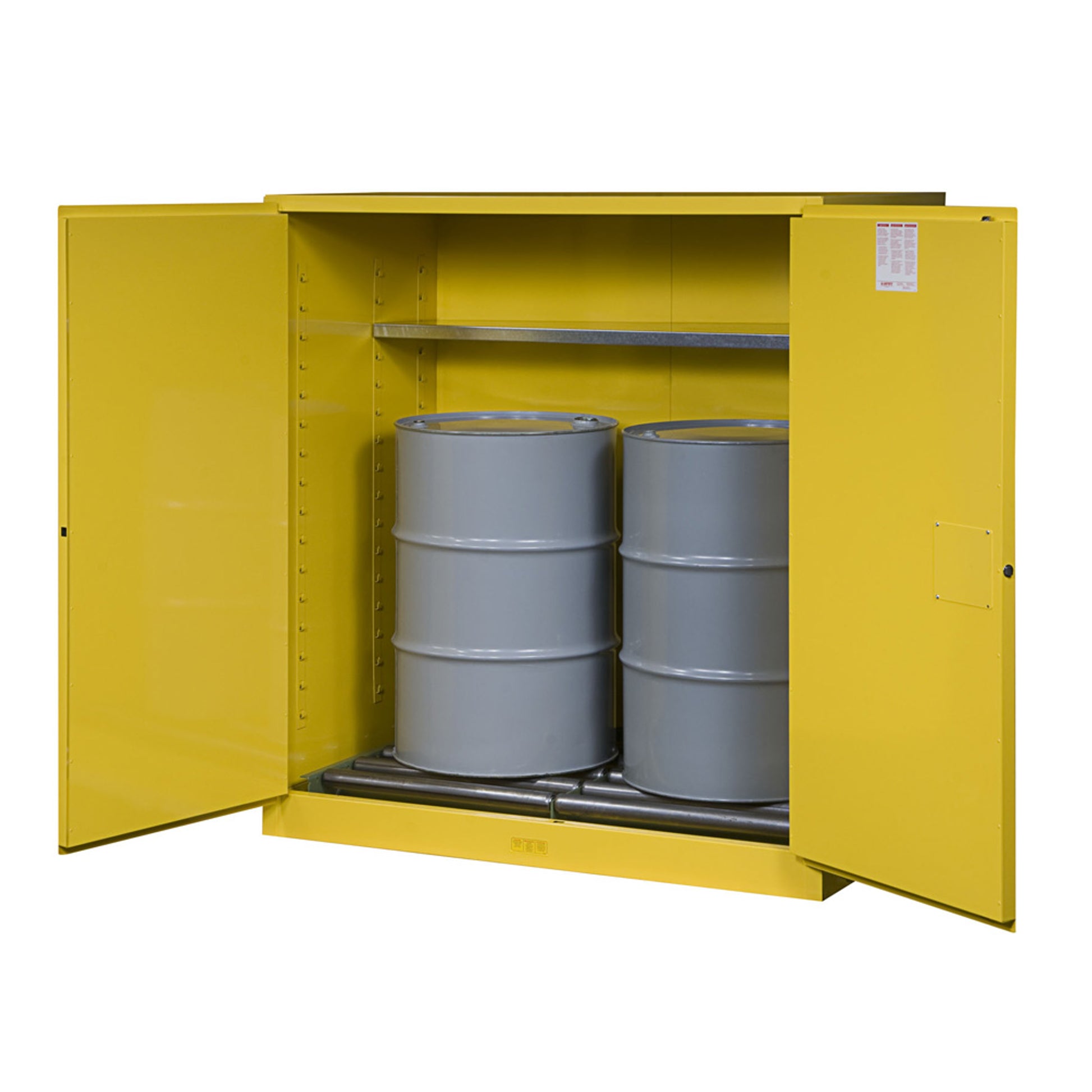 Justrite Sure-Grip Ex Vertical Drum Safety Cabinet And Drum Rollers - Cap. 110 Gal. - 1 Shlf - 2 M/C Drs - Yel. Yellow - 899160
