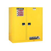 Justrite Sure-Grip Ex Dbl-Duty Safety Cabinet W/Drum Rlrs - Partition/Store Drum/Can - 3 Shlvs - 2 S/C Drs - Yel. Yellow - 899270