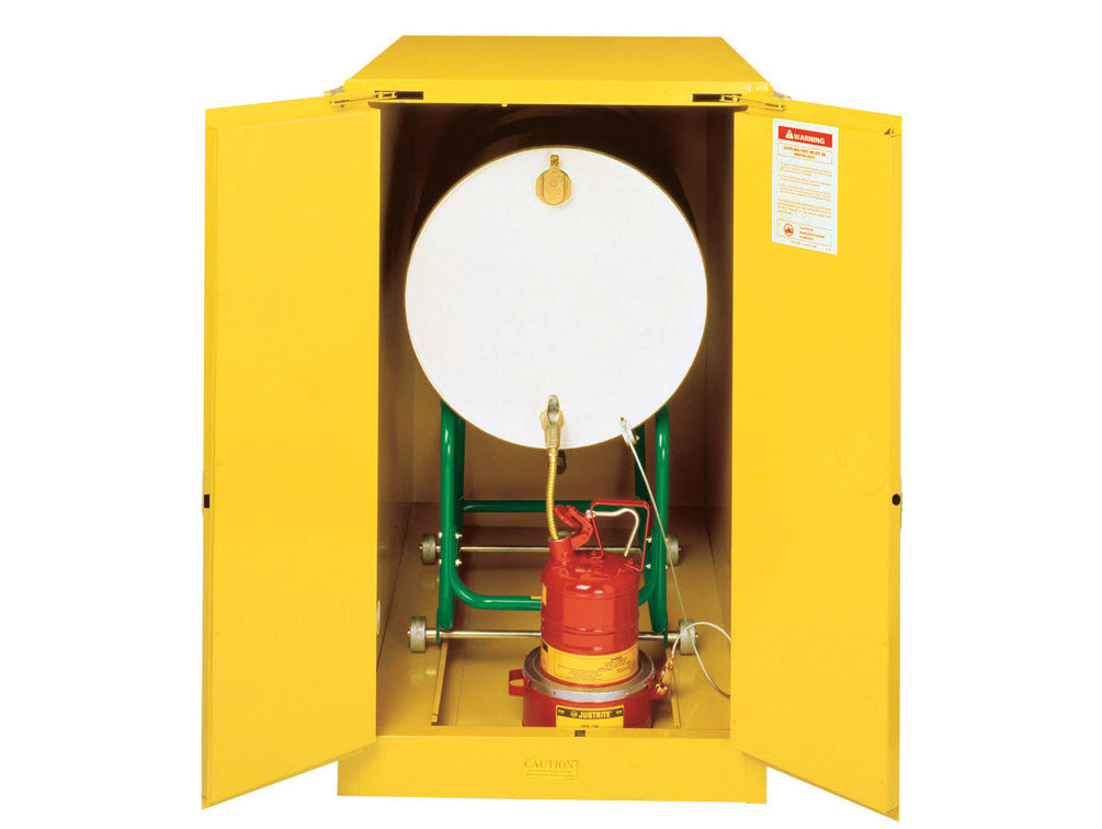Justrite Sure-Grip Ex Horizontal Drum Safety Cabinet With Cradle Track - Cap. 55-Gal. Drum - 2 S/C Doors - Yellow. Drum Cradle Sold Separately - 899320