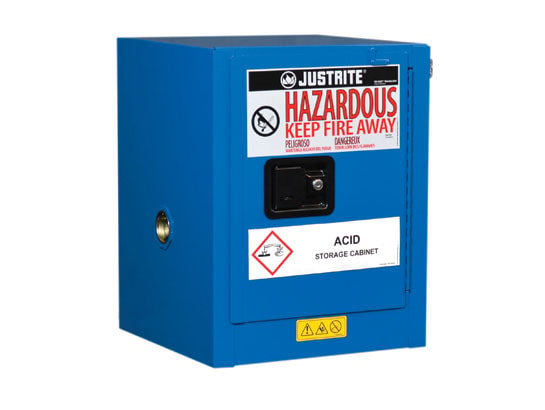 Justrite Chemcor Countertop Hazardous Material Safety Cabinet - Cap. 4 Gal. - 1 Shelf - 1 S/C Door - Royal Blue - 8604282