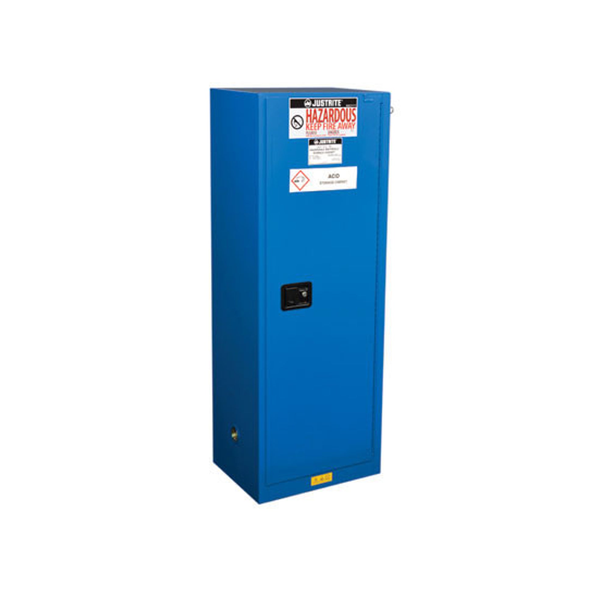 Justrite Chemcor Slimline Hazardous Material Safety Cabinet - Cap. 22 Gal - 3 Shlvs - 1 S/C Dr - Royal Blue - 8622282