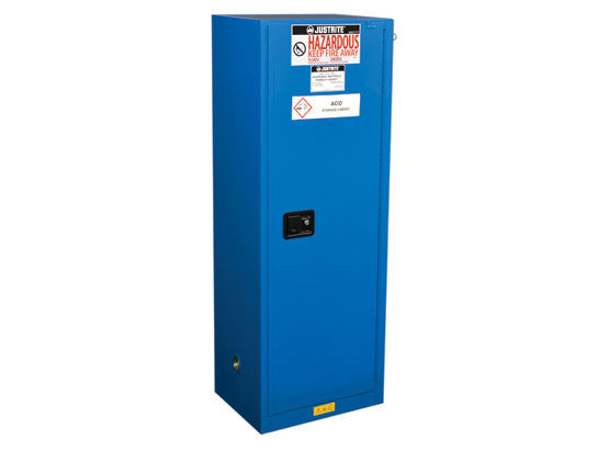 Justrite Chemcor Slimline Hazardous Material Safety Cabinet - Cap. 22 Gal - 3 Shlvs - 1 S/C Dr - Royal Blue - 8622282