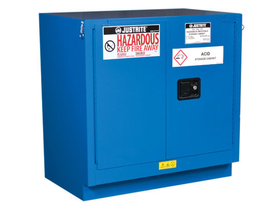 Justrite Chemcor Undercounter Hazardous Material Safety Cabinet - Cap. 22 Gal - 1 Shlf - 2 S/C Drs - Royal Blue - 8623282