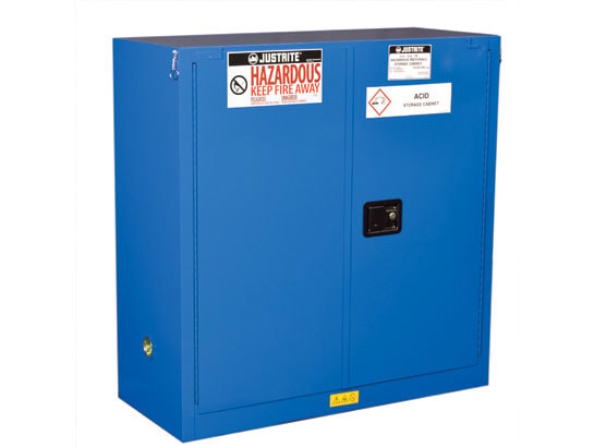 Justrite Chemcor Hazardous Material Safety Cabinet - Cap. 30 Gal. - 1 Shelf - 2 Self-Close Doors - Royal Blue - 8630282