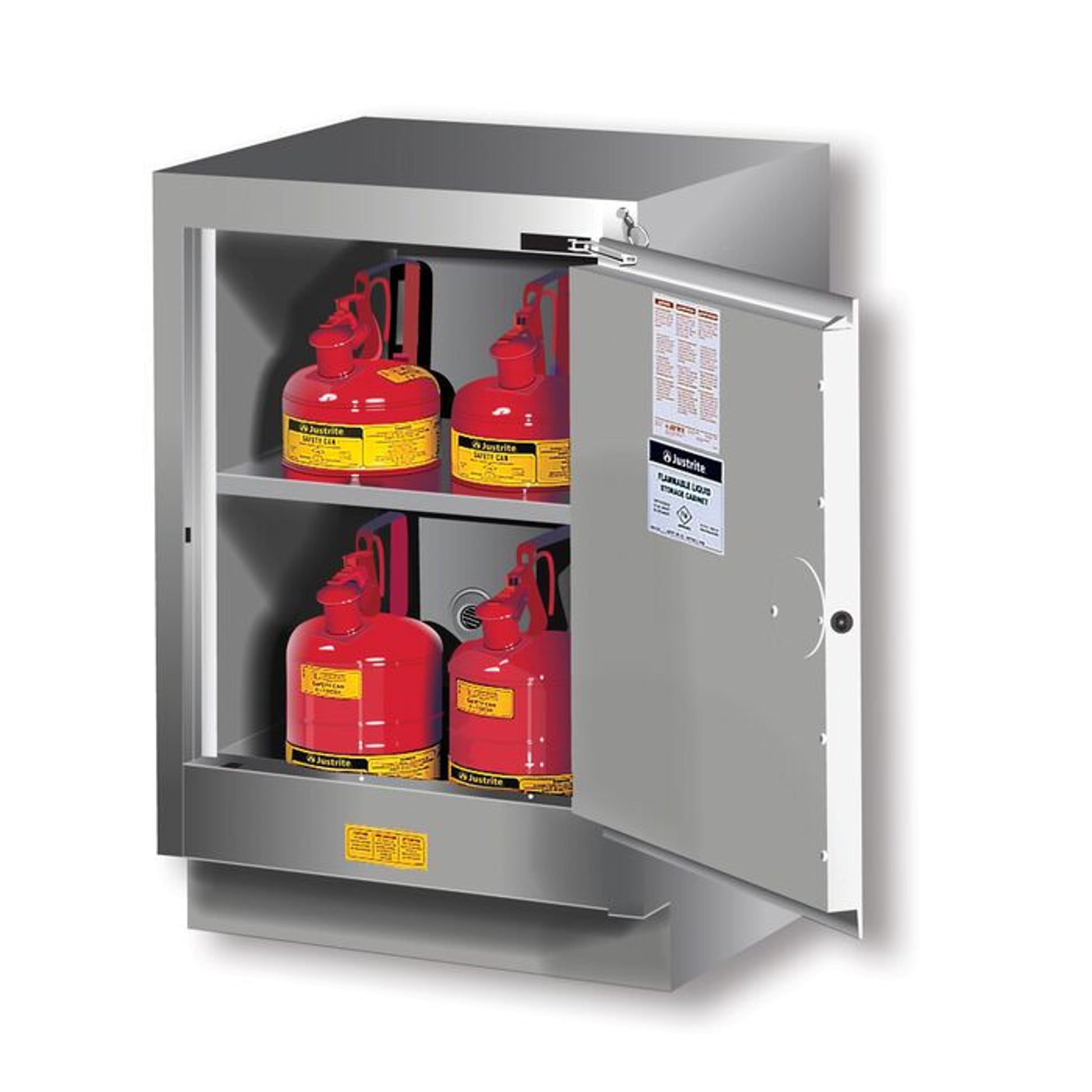 Justrite Under Fume Hood Solvent/Flammable Liquid Safety Cabinet - Cap. 15 Gal. - 1 Shlf - 1 M/C Rgt Door - Silver - 882404