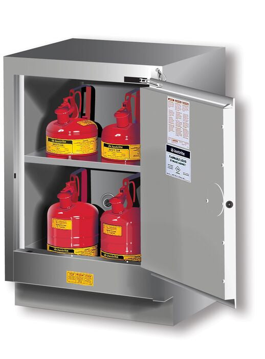 Justrite Under Fume Hood Solvent/Flammable Liquid Safety Cabinet - Cap. 15 Gal. - 1 Shlf - 1 M/C Rgt Door - Silver - 882404