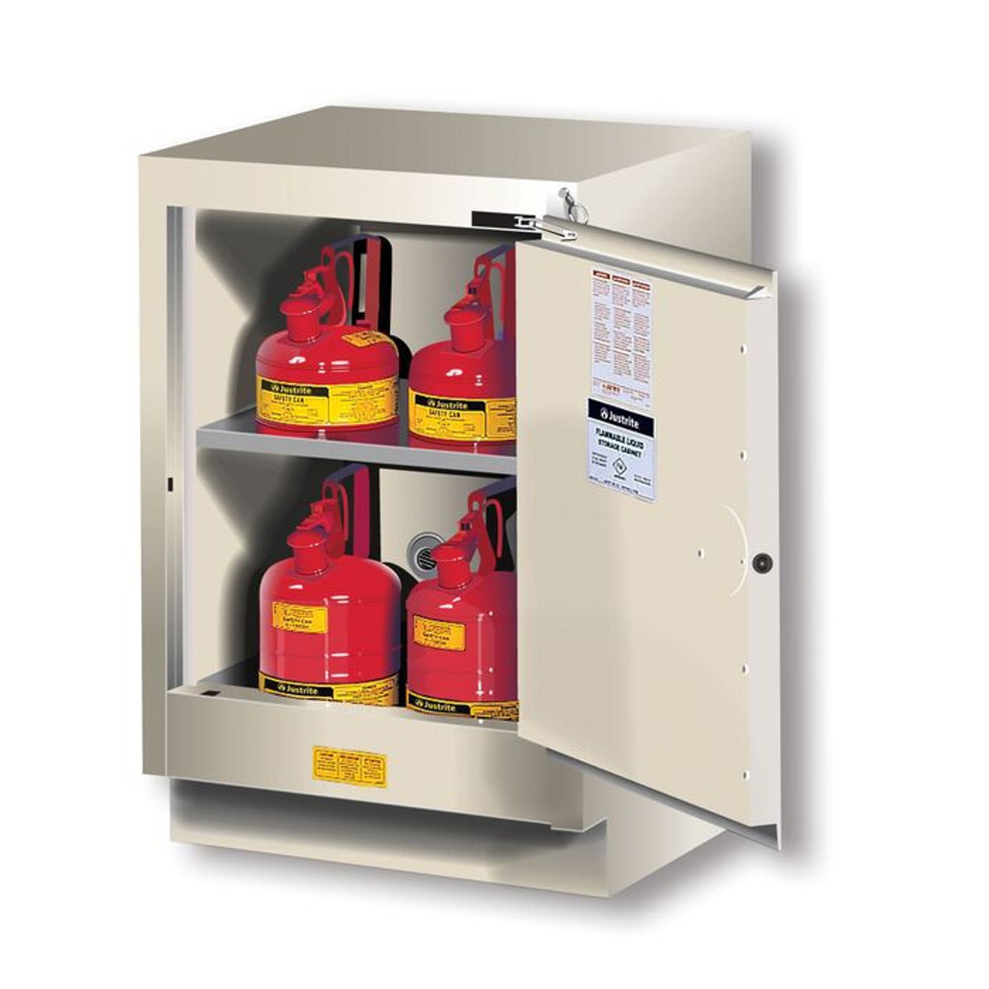 Justrite Under Fume Hood Solvent/Flammable Liquid Safety Cabinet - Cap. 15 Gal. - 1 Shlf - 1 M/C Rgt Dr - Light Nuetral - 882407