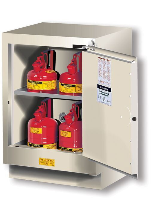 Justrite Under Fume Hood Solvent/Flammable Liquid Safety Cabinet - Cap. 15 Gal. - 1 Shlf - 1 M/C Rgt Dr - Light Nuetral - 882407