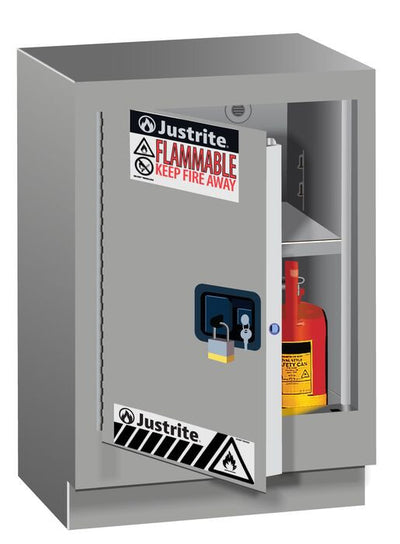 Justrite Under Fume Hood Solvent/Flammable Liquid Safety Cabinet - Cap. 15 Gal. - 1 Shlf - 1 M/C Lft Door - Silver - 882414