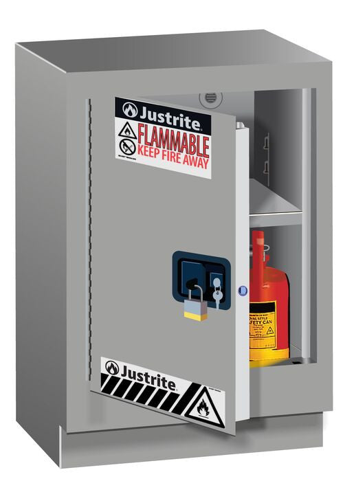 Justrite Under Fume Hood Solvent/Flammable Liquid Safety Cabinet - Cap. 15 Gal. - 1 Shlf - 1 M/C Lft Door - Silver - 882414