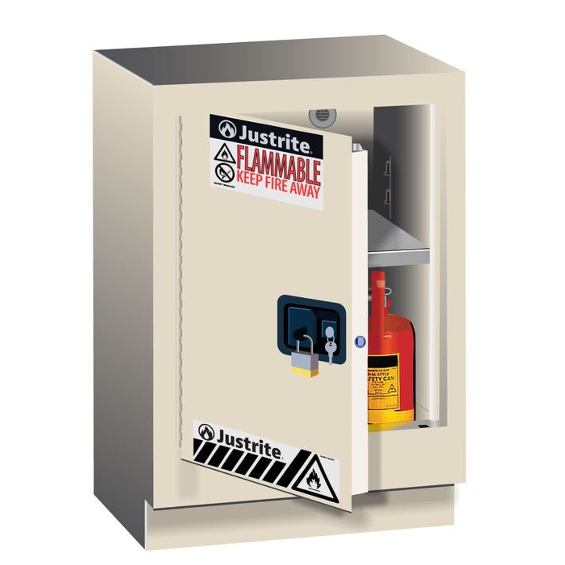 Justrite Under Fume Hood Solvent/Flammable Liquid Safety Cabinet - Cap. 15 Gal. - 1 Shlf - 1 M/C Lft Dr - Light Neutral - 882417