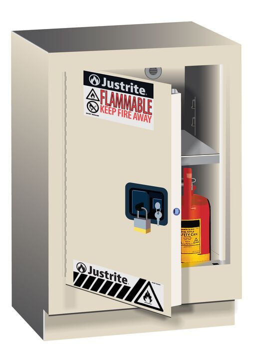 Justrite Under Fume Hood Solvent/Flammable Liquid Safety Cabinet - Cap. 15 Gal. - 1 Shlf - 1 M/C Lft Dr - Light Neutral - 882417