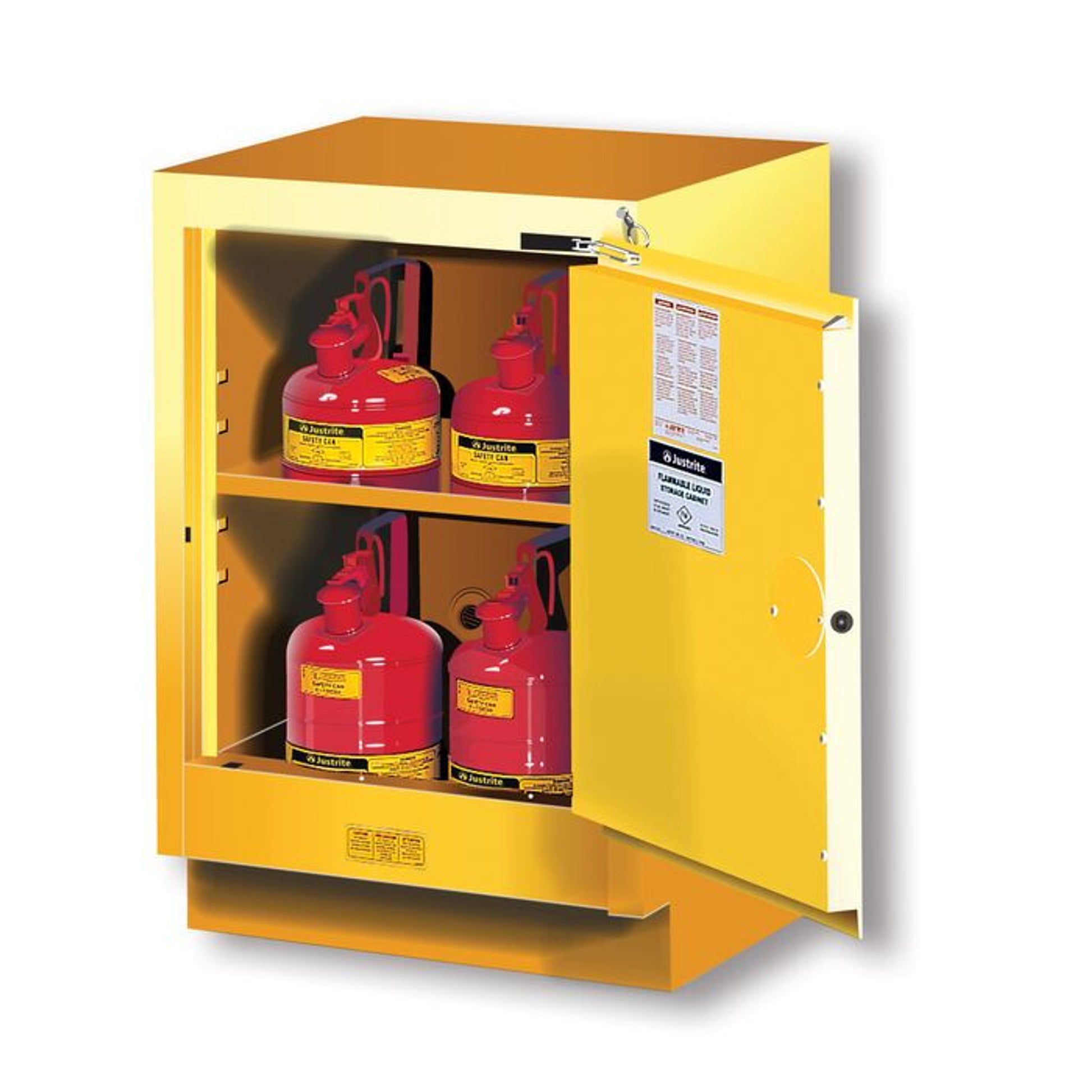 Justrite Under Fume Hood Solvent/Flammable Liquid Safety Cabinet - Cap. 15 Gal. - 1 Shlf - 1 S/C Rgt Door - Yellow - 882420
