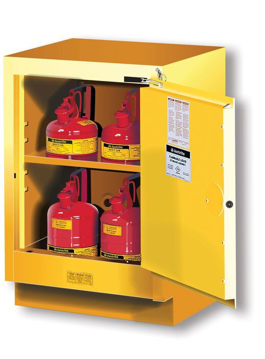 Justrite Under Fume Hood Solvent/Flammable Liquid Safety Cabinet - Cap. 15 Gal. - 1 Shlf - 1 S/C Rgt Door - Yellow - 882420