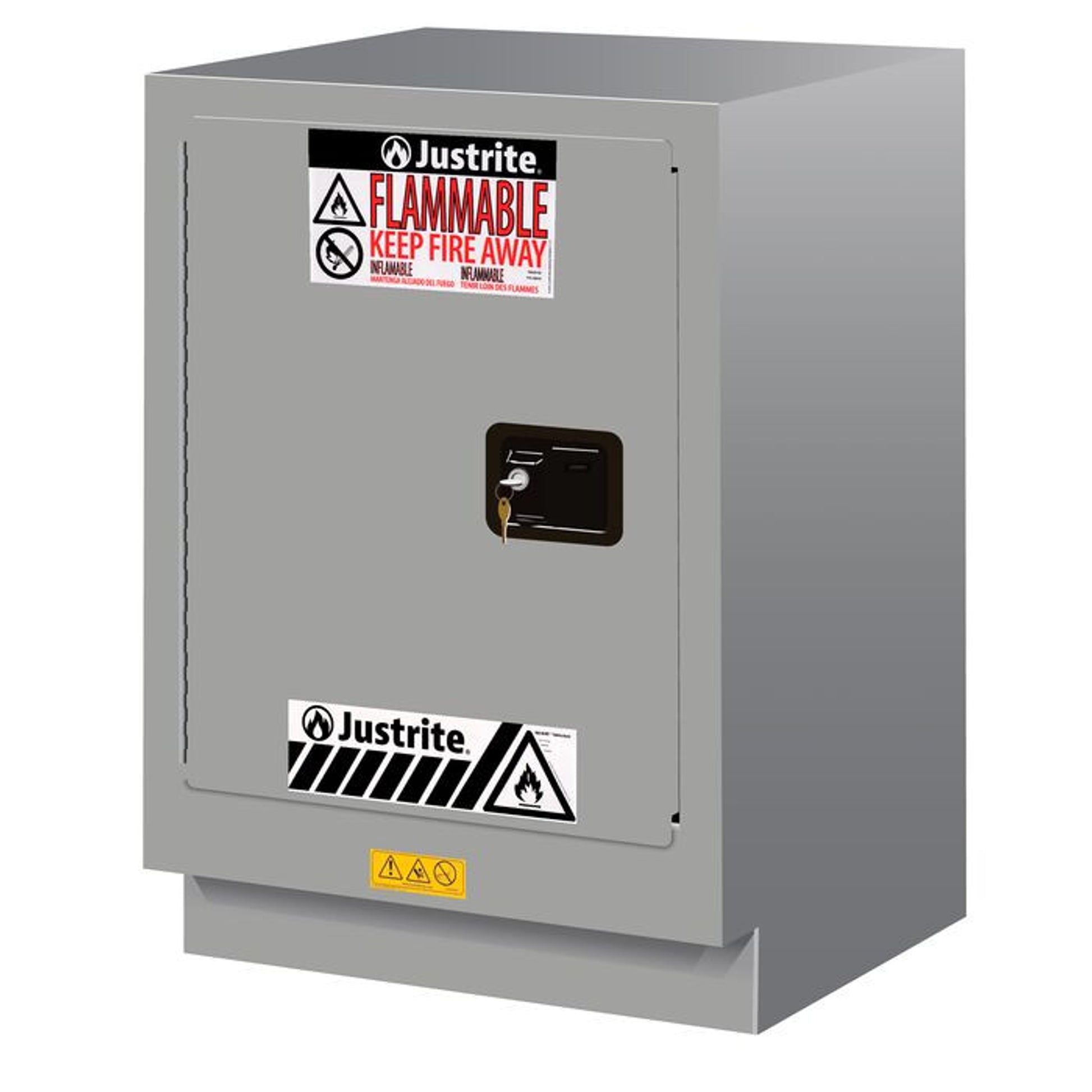 Justrite Under Fume Hood Solvent/Flammable Liquid Safety Cabinet - Cap. 15 Gal. - 1 Shlf - 1 S/C Lft Door - Silver - 882434