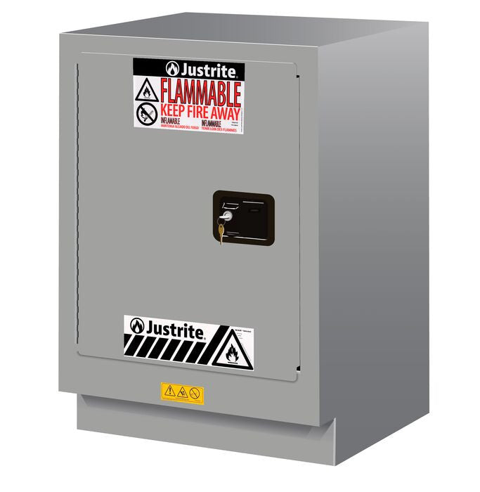 Justrite Under Fume Hood Solvent/Flammable Liquid Safety Cabinet - Cap. 15 Gal. - 1 Shlf - 1 S/C Lft Door - Silver - 882434
