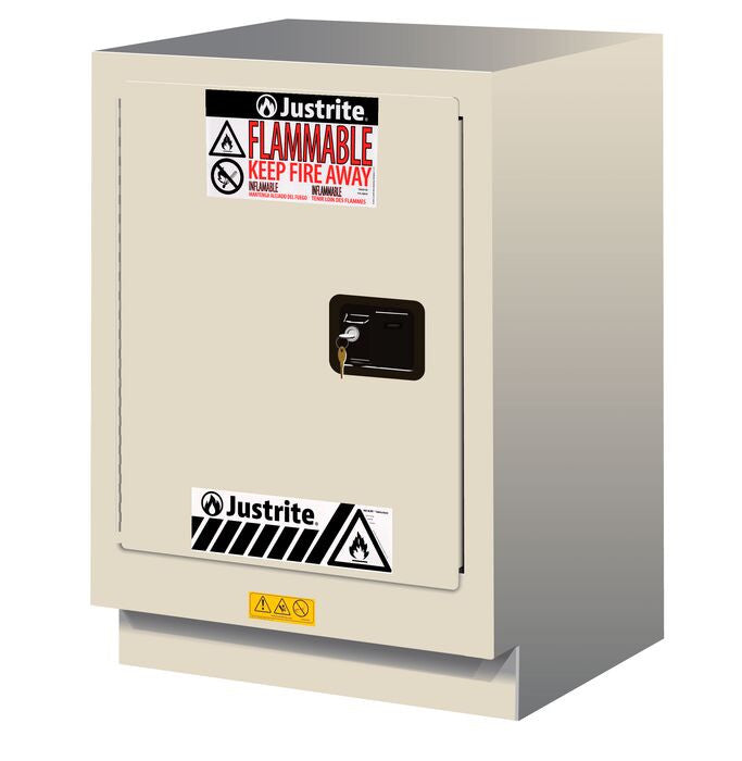 Justrite Under Fume Hood Solvent/Flammable Liquid Safety Cabinet - Cap. 15 Gal. - 1 Shlf - 1 S/C Lft Dr - Light Neutral - 882437