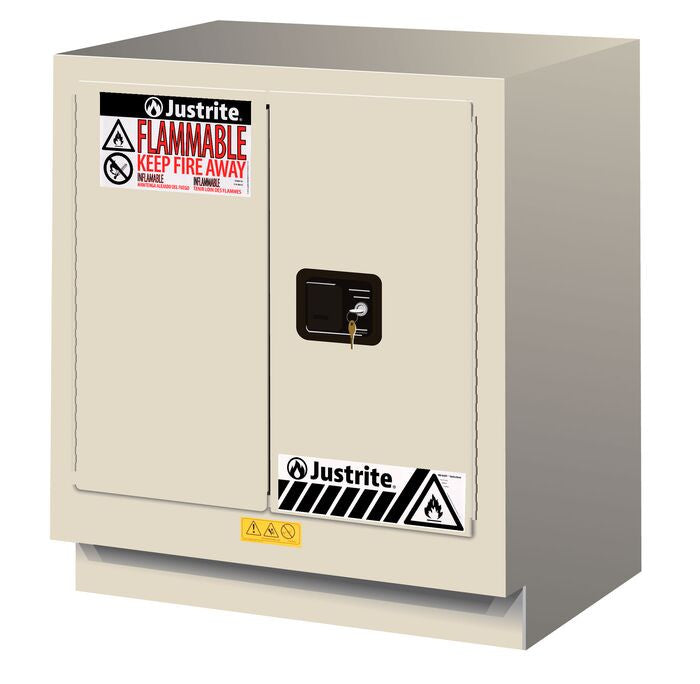 Justrite Under Fume Hood Solvent/Flammable Liquid Safety Cabinet - Cap. 19 Gal. - 1 Shelf - 2 M/C Doors - Light Neutral - 883007