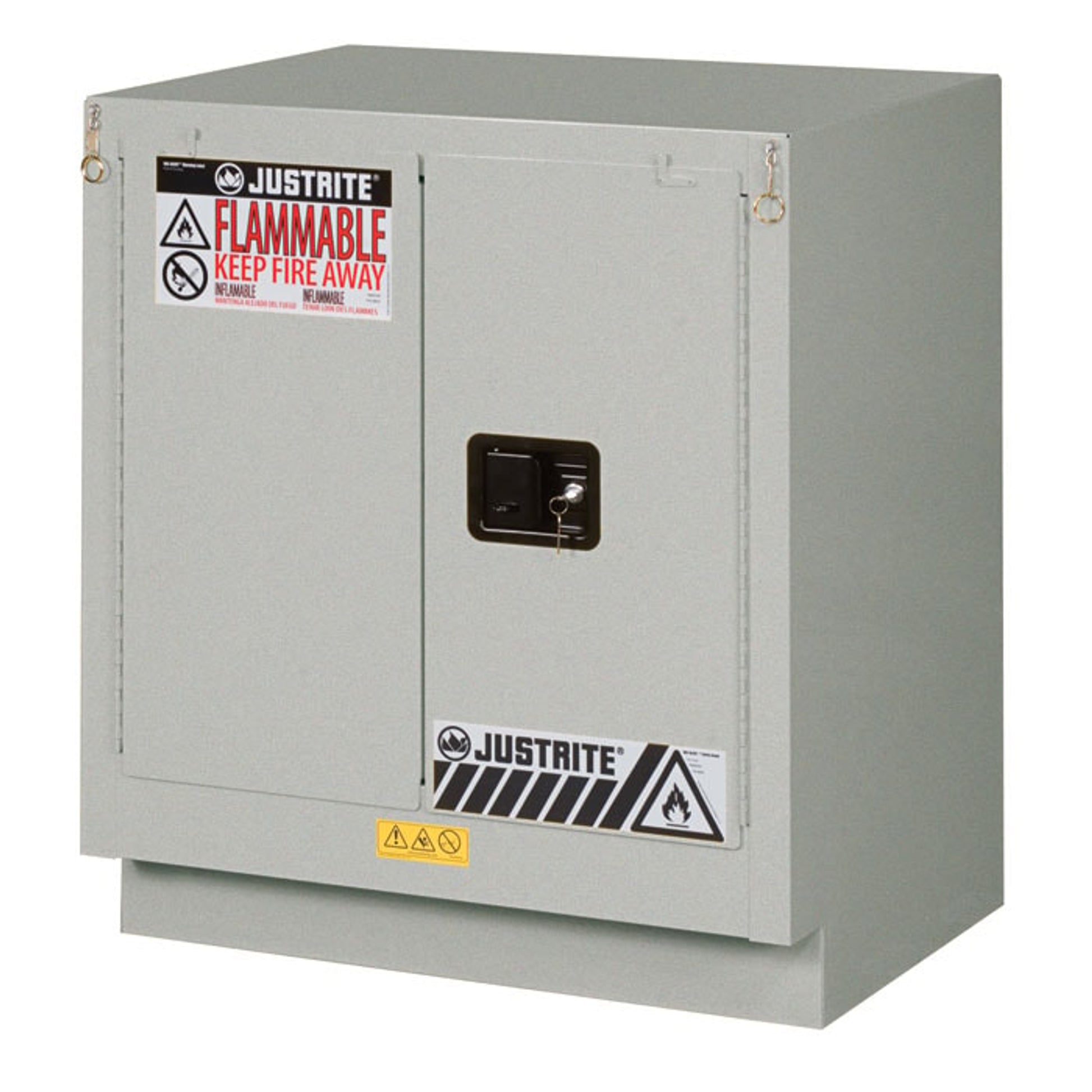 Justrite Under Fume Hood Solvent/Flammable Liquid Safety Cabinet - Cap. 19 Gal. - 1 Shelf - 2 S/C Doors - Silver - 883024