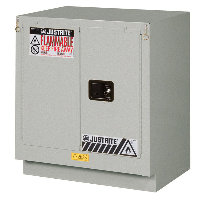 Justrite Under Fume Hood Solvent/Flammable Liquid Safety Cabinet - Cap. 19 Gal. - 1 Shelf - 2 S/C Doors - Silver - 883024
