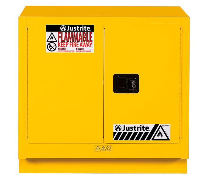 Justrite Under Fume Hood Solvent/Flammable Liquid Safety Cabinet - Cap. 23 Gal. - 1 Shelf - 2 S/C Doors - Yellow - 883620