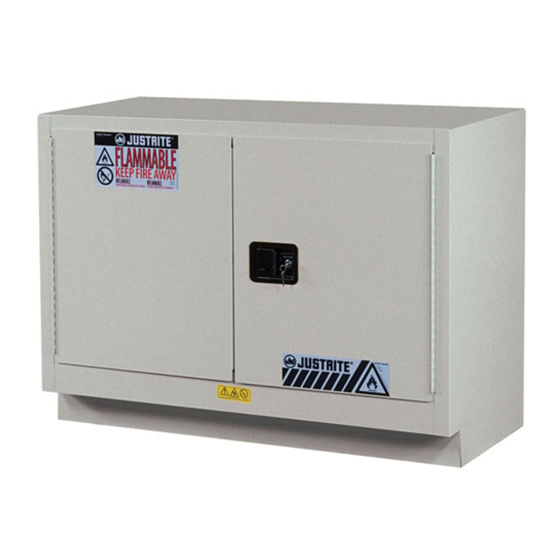 Justrite Under Fume Hood Solvent/Flammable Liquid Safety Cabinet - Cap. 23 Gal. - 1 Shelf - 2 S/C Doors - Silver - 883624