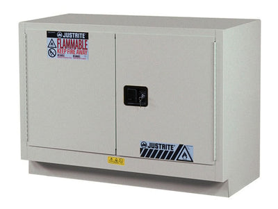 Justrite Under Fume Hood Solvent/Flammable Liquid Safety Cabinet - Cap. 23 Gal. - 1 Shelf - 2 S/C Doors - Silver - 883624