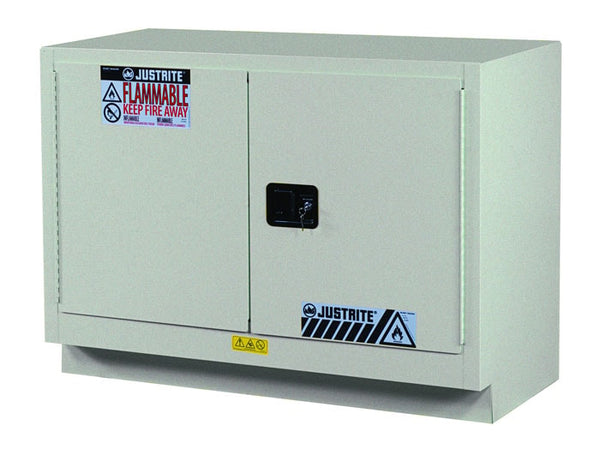 Justrite Under Fume Hood Solvent/Flammable Liquid Safety Cabinet - Cap. 31 Gal. - 1 Shelf - 2 M/C Doors - Silver - 884804