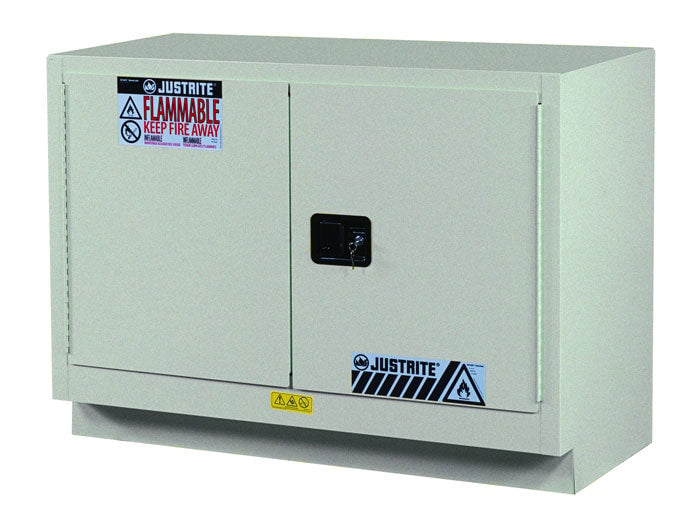 Justrite Under Fume Hood Solvent/Flammable Liquid Safety Cabinet - Cap. 31 Gal. - 1 Shelf - 2 M/C Doors - Silver - 884804