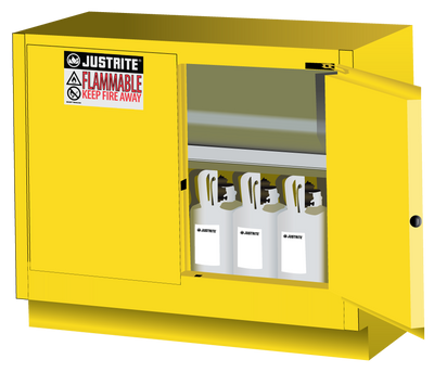 Justrite Under Fume Hood Solvent/Flammable Liquid Safety Cabinet - Cap. 31 Gal. - 1 Shelf - 2 S/C Doors - Yellow - 884820