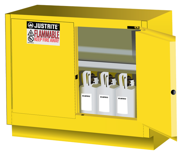 Justrite Under Fume Hood Solvent/Flammable Liquid Safety Cabinet - Cap. 31 Gal. - 1 Shelf - 2 S/C Doors - Yellow - 884820
