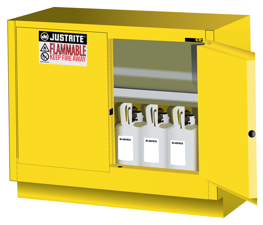 Justrite Under Fume Hood Solvent/Flammable Liquid Safety Cabinet - Cap. 31 Gal. - 1 Shelf - 2 S/C Doors - Yellow - 884820