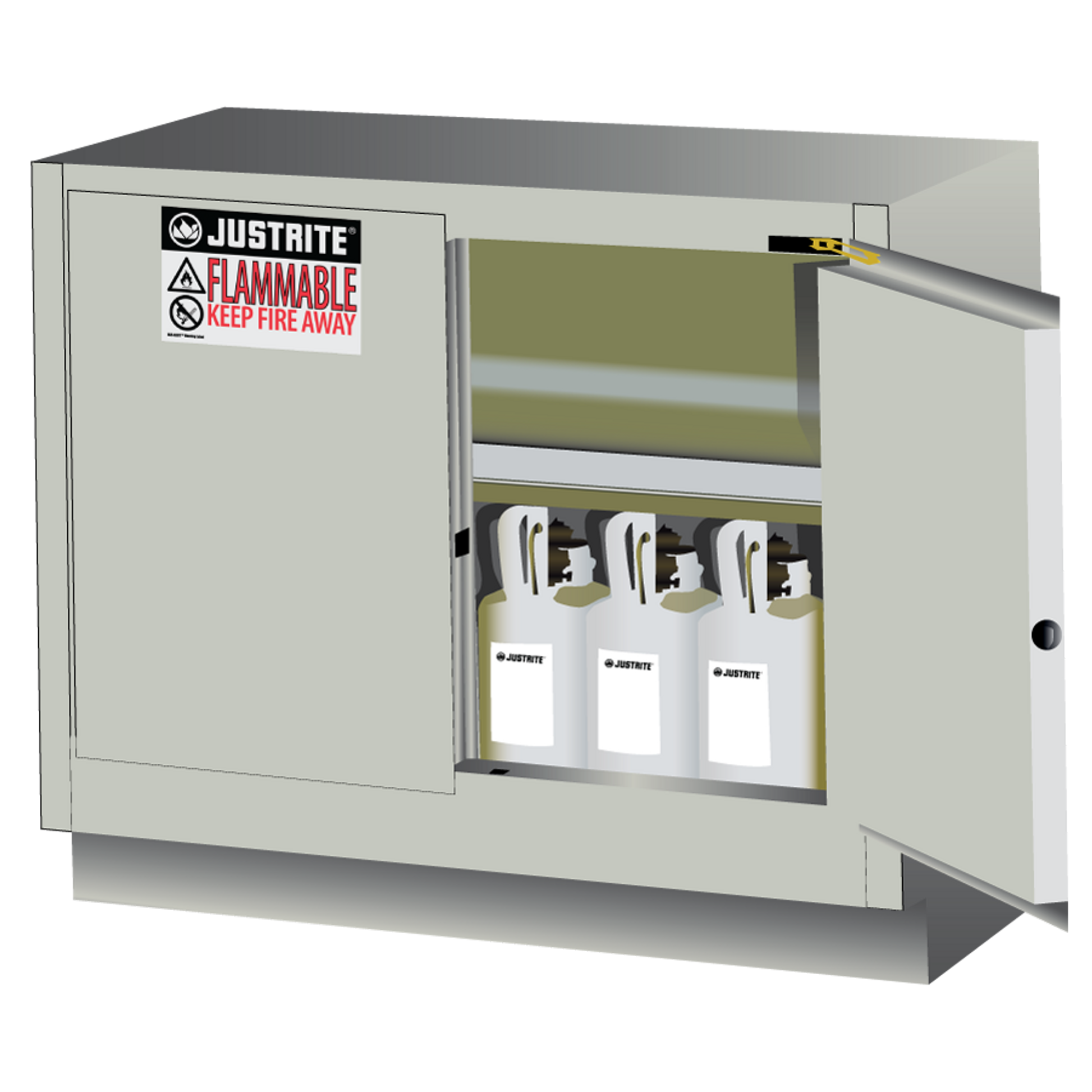 Justrite Under Fume Hood Solvent/Flammable Liquid Safety Cabinet - Cap. 31 Gal. - 1 Shelf - 2 S/C Doors - Lt Ntl. Light Neutral - 884827