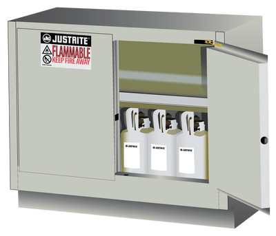 Justrite Under Fume Hood Solvent/Flammable Liquid Safety Cabinet - Cap. 31 Gal. - 1 Shelf - 2 S/C Doors - Lt Ntl. Light Neutral - 884827