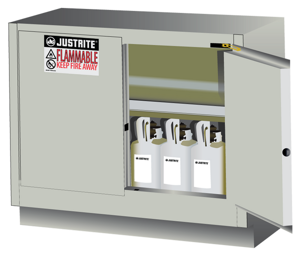 Justrite Under Fume Hood Solvent/Flammable Liquid Safety Cabinet - Cap. 31 Gal. - 1 Shelf - 2 S/C Doors - Lt Ntl. Light Neutral - 884827